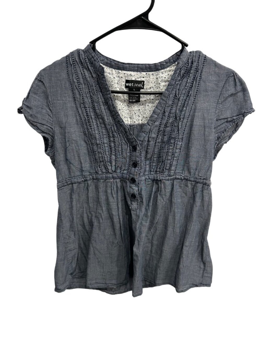 Wet Seal Women's Blue Short Sleeve Button-Front Top Size Large Coquette Coastal